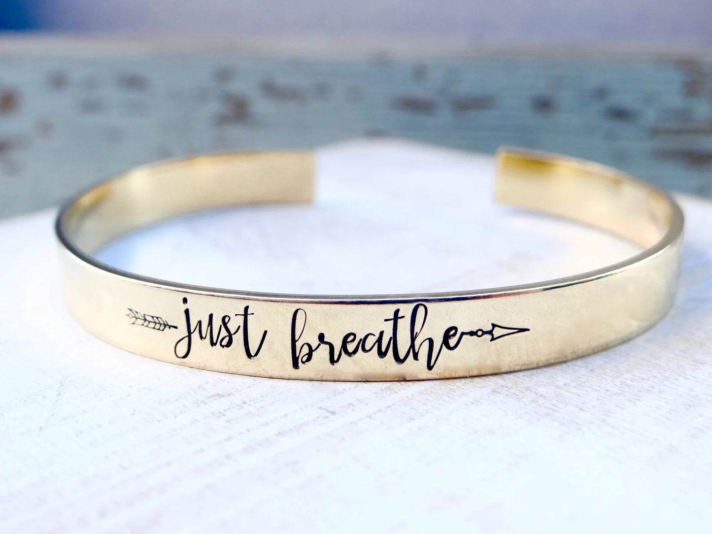 Custom "Just Breathe" Gold Cuff Bracelet – Personalized Mindfulness & Self-Care Jewelry